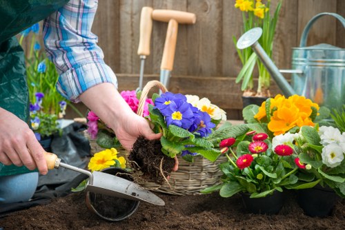 Community garden with compost bins and volunteers